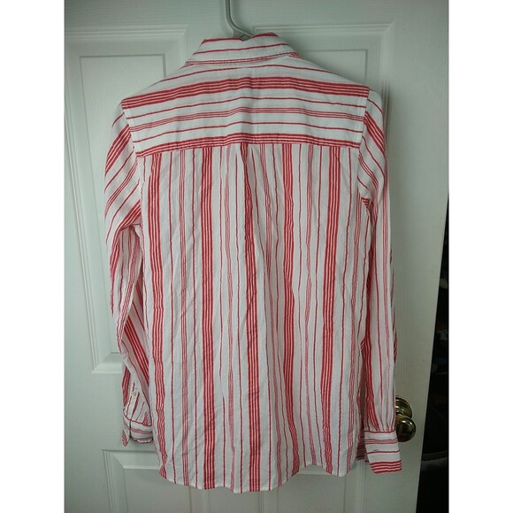 J. Crew Woman 6 Popover 1/2 Button Semi Sheer Red White Barcode Striped Collared - Picture 9 of 9